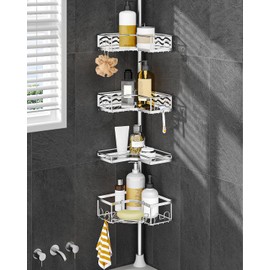 ALLZONE Corner Shower Caddy Tension Pole, Quick to Install, Easy to Adjust, Rust-Free Stainless Steel Shower Organizer Corner and Storage Shelves, Drill Free, Extends From 34 up to 116 Inch Tall