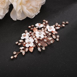 Teyglen Flower Leaf Wedding Hair Comb Gold Silver Leaf Rhinestone Hair Pieces Bridal Crystal Hair Comb Handmade Flower Headpieces Hair Accessories for Women Bride Girls (Rose Gold)