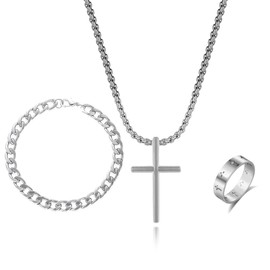 3 PCs Cross Link Chain Necklace Bracelet Ring Jewelry Set for Women Unisex Silver-Toned Chunky Pendant Necklaces Hip Hop Punk Goth Streetwear Accessory