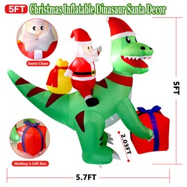 5FT Christmas Inflatables Decorations Dinosaur Santa Claus, Indoor Outdoor Christmas Deco, Blow Up Dinosaur Santa Decoration with Built-in LED Lights Gift Bag for Christmas Party,Garden,Yard, Lawn