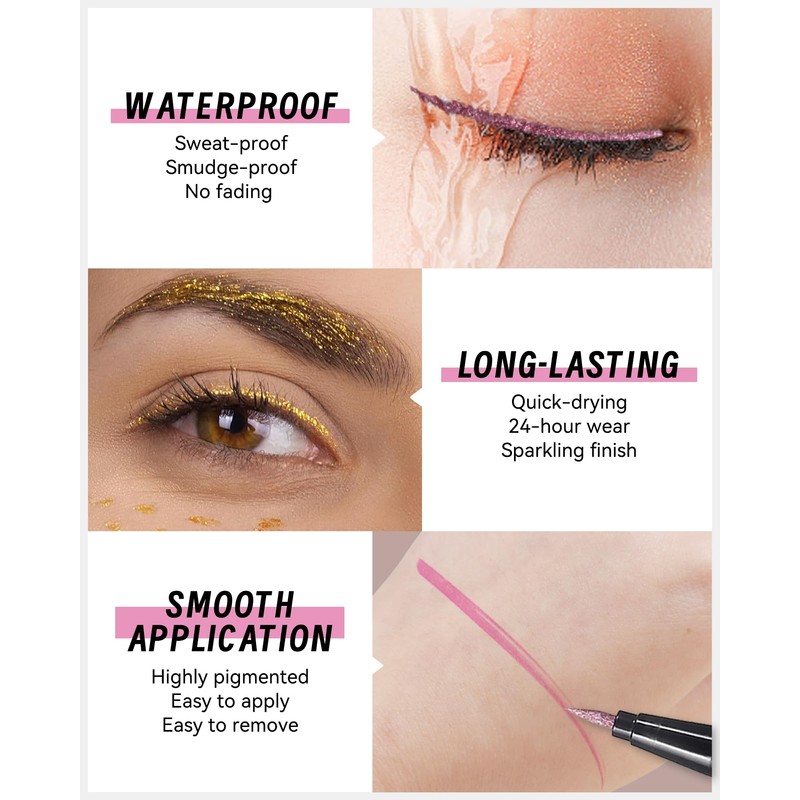 Glitter Liquid Gold Eyeliner, Diamond Shimmer Eyeliner Waterproof Long-Lasting, Metallic