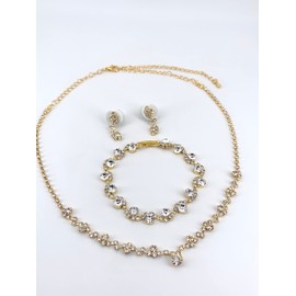 ONDEGO® GOLD 3er Set Strass Schmuck Kette Schmuckset Armband Kommunion Ball Abiball Hochzeit Brautschmuck