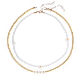 BTTLVZC Layered Bead Mama Necklace for Women Gold Daisy Choker Necklaces,Gifts for New Mom,Mothers Day Gifts,Mom to be Gifts (Style-B)