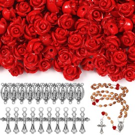 Rosario con cuentas talladas en forma de rosa, 140 piezas, kit de rosario con crucifijo, medalla de crucifijo, 8 mm, de plata, con colgante de Jesús María, para rosario, pulseras, rosarios