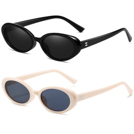 Breaksun Retro Oval Sunglasses for Women Men Fashion Small Oval Sunglasses 90s Vintage Shades (Black/Grey+ Beige/Grey)