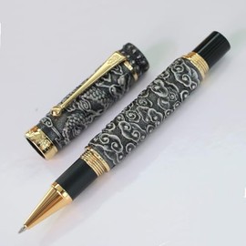 JinHao Vintage Dragon Rollerball Pens For Signature Writing with Pen Pouch - Heavy Big Pen Grey Silver