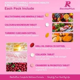 RevitaPlus Beautypack Women’s Daily Supplement |  Multivitamin, Calcium, Magnesium, Cranberry, Probiotics, Turmeric, Collagen, Krill Oil | Skin, Hair, Anti-aging & Stress Support  | 30-Day Wellness Pack