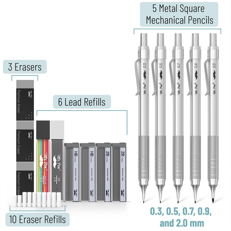 Mr. Pen- Metal Mechanical Pencil Set, 5 Sizes, 0.3, 0.5,