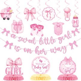 Pink Bow Baby Shower Decorations - Deorfuy 13Pcs a Sweet Little Girl is on Her Way Banners with Hanging Swirls Decoration Coquette Honeycomb Centerpiece Decor Supplies