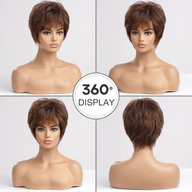 EMMOR Short Brown Human Hair Wigs Blend with Healthy Memory Fiber Pixie Curly Wig With Bang,Natural Daily Use Hair (Brown)