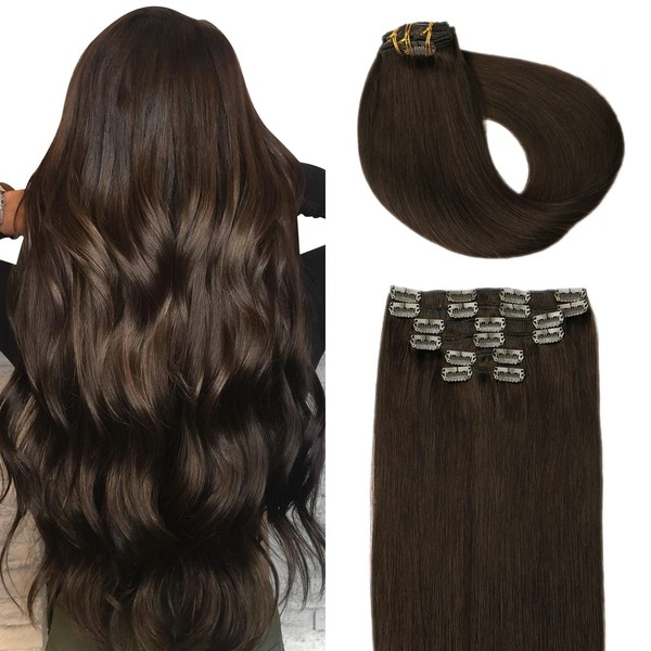 SURNEL Clip-In Hair Extensions, Double Weft, 45 cm, 18 Inches, Colour #2, Darkest Brown Clip in Human Hair, 6 Pieces, 120 g Human Hair Extensions, Straight Clip in Hair (#2-18 Inch