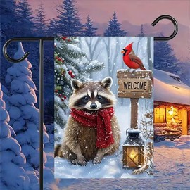 Welcome Winter Garden Flag 12x18 Inch Double Sided, Burlap Holiday Farmhouse Outdoor Raccoon Christmas Garden Flag Winter Decorations, Small Decorative Yard Lawn Flags for Outside