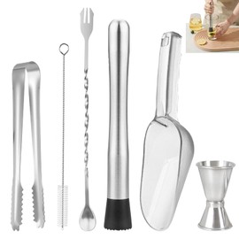 6Pcs Muddler for Cocktail Set - 304 Stainless Steel Muddler Cocktail Spoon Jigger Straw Cleaning Brush, Ice Scoop and Ice Tongs, Bar Accessories Tools for Mojitos, Lemonades, and Fruit Drinks