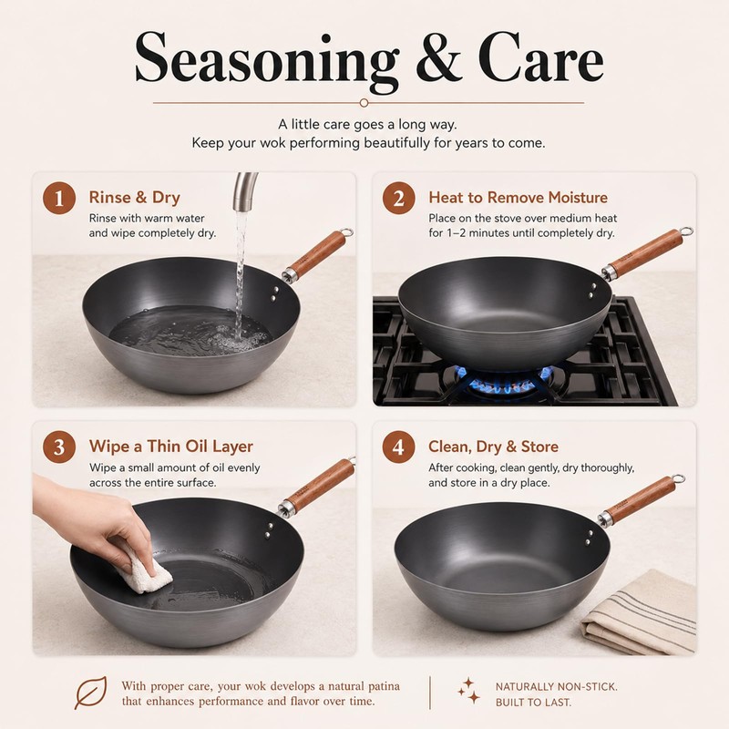 10.2-Inch Carbon Steel Wok Frying Pan with Lid, Flat Bottom