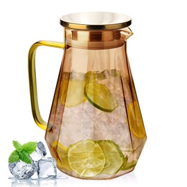68oz Glass Pitcher with Wide Handle and Gold Stainless Steel Lid for Fridge Door,Leak-Proof Water Jug Heat Resistant Glass Water Carafe for Iced Tea, Milk,Dishwasher Safe(Amber)