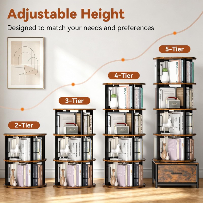 Housolution 5 Tier Rotating Bookshelf Tower with Storage, Rustic Brown