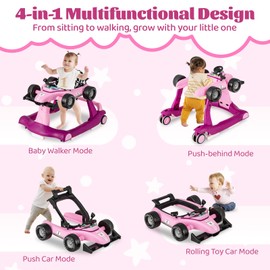 GLACER Foldable Baby Walker, 4-in-1 Infant Walker with Adjustable Height & Speed, Music, Light, Steering Wheel & Washable Cushion, Baby Walker Activity Center for Boys Girls 6 –18 Months (Purple)