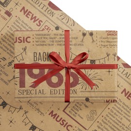 RUSPEPA 2025 Funny Birthday Wrapping Paper for Women or Men, Mini Roll, Back In 1965 Newspaper Vintage Design Kraft Paper for 60th Birthday Party Gift and Special Occasions, 17 inch x 16.4 feet, 60th