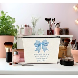 Dejfel Coquette Blue Bow Jesus Makeup Bag,Light Blue Bow Jesus Cosmetic Bags Zipper Pouch Travel Toiletry Bag,Preppy Aesthetic for Teen Girls,Gift for Birthday Party Girls Travel Storage Accessories