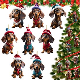 Pack of 8 Dachshund Christmas Tree Decorations, Acrylic Dachshund Christmas Decoration, Christmas Tree Decoration, Dachshund Christmas Tree Ornament, for Car Ornament Gifts and Home Decorations