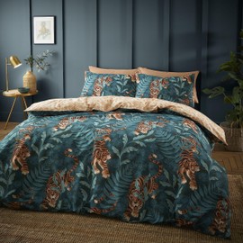 Catherine Lansfield Tropic Tiger Leaf Reversible Single Duvet Cover Set with Pillowcase Green