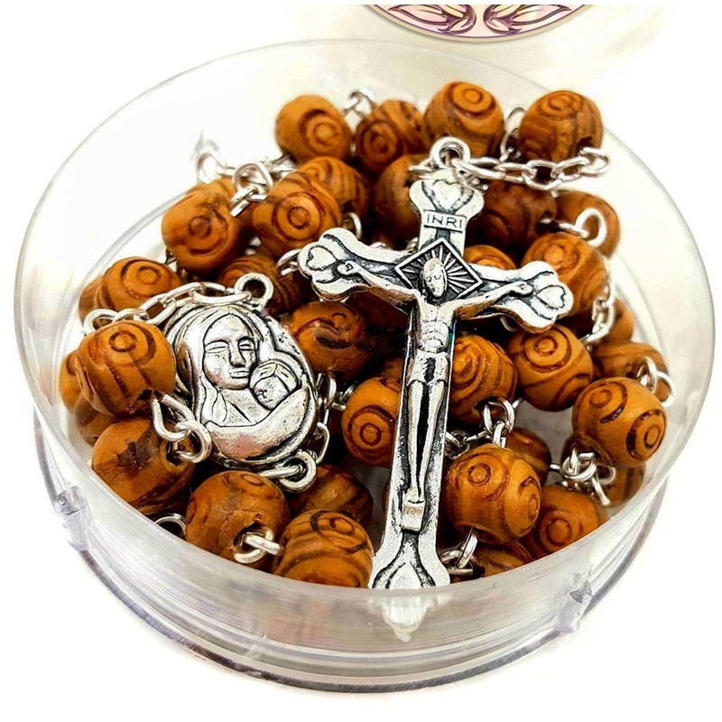 Nazareth Store Carved Wood Beads Rosary Necklace Holy Soil Medal