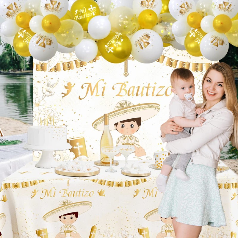 57Pcs Mi Bautizo Banner Backdrop Balloons Arch Garland Tablecloth Kit