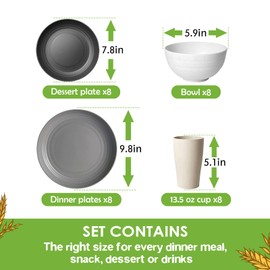 Teivio 32-Piece Kitchen Plastic Wheat Straw Dinnerware Set, Service for 8, Dinner Plates, Dessert Plate, Cereal Bowls, Cups, Unbreakable Colorful Plastic Outdoor Camping Dishes, Stone