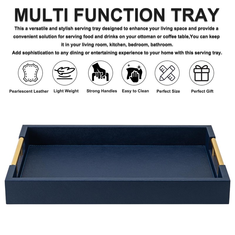 Navy Blue Faux Leather Serving Coffee Tray with Gold Handles,Rectangle