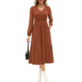 Kranda Fall Dresses for Women 2024 Long Sleeve Round Neck Pleated Tiered Casual Flowy Fit and Flare Wedding Party Cocktail Midi Dress with Pockets Rust Medium