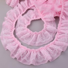 GXTIZAS Lace Ruffle Ribbon Double-Layer Pleated Chiffon 6cm Wide Lace Elastic Trim Wrinkle-Free Boxed for DIY Sewing, Clothing, Pillowcase Decoration(5yards Pink)