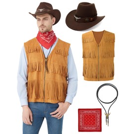 Hislovy Cowboy Costume Men's Western Cowboy Outfit with Hat Bandana Necklace for Wild West Hippie Party, Khaki, XL