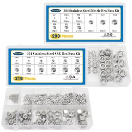 511 PCS SAE and Metric Stainless Steel Hex Nut Assortment Kit,2#56 4#40 6#32 8#32 10#24 10#32 12#24 1/4-20 5/16-18 3/8-16 7/16-14 1/2-13 M2 M2.5 M3 M4 M5 M6 M8 M10 M12(SAE&Metric)