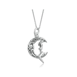 Ritastephens Lady Riding Crescent Moon Pendant Necklace – 16″ Whimsical Moon Goddess Necklace Unique antique Whimsical Charm Sterling Silver 925 Fairy Tale Jewelry gift