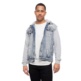 Victorious Men's Casual Distressed Fleece Hoodie Sleeve Denim Jean Jacket DK155 - Indigo - Large