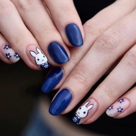 Easter Press on Nails Blue Medium Almond Fake Nails with Bunny Design Cute Rabbit Nails Press ons, Flower False Nails Glossy Reusable Spring Nails for Women Girls Manicure 24pcs