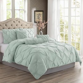 TRP 3 Piece Super Soft Plush Lightweight Farmhouse Comforter Set King Size Pintuck Pinch Pleat Design | All Seasons Shabby Chic Bedding Sage Green Color Cozy Warm Rich Luxury Aesthetic Look