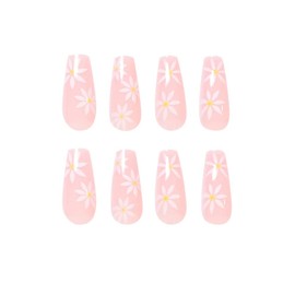 24PCS Short False Nails with Glue Stickers, Coffin Full Cover Acrylic Nails Press on Nails no Glue,Pink Sunflower French Fake Nails Stick on Nails for Women and Girls Nail Art.