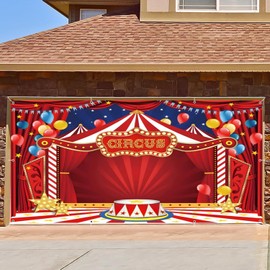 Circus Garage Door Cover Banner Decorations Backdrop 8x16ft Large Playground Carnival Red Curtain Garage Door Outdoor Kids Circus Theme Birthday Party Baby Shower Garage Door Banner Decorations