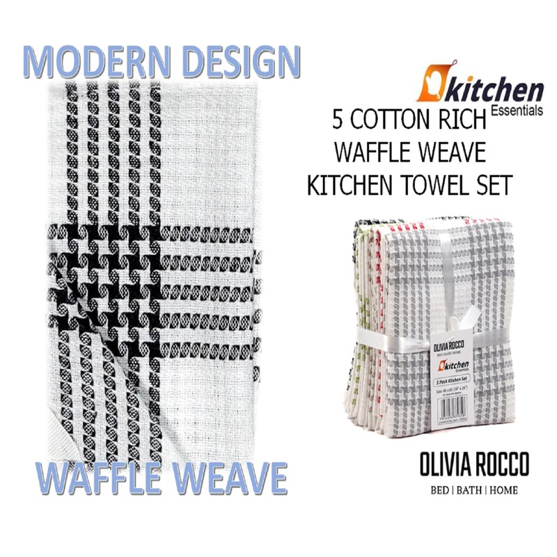 Olivia Rocco Pack of 5 Houndstooth Kitchen Tea Towels Cotton