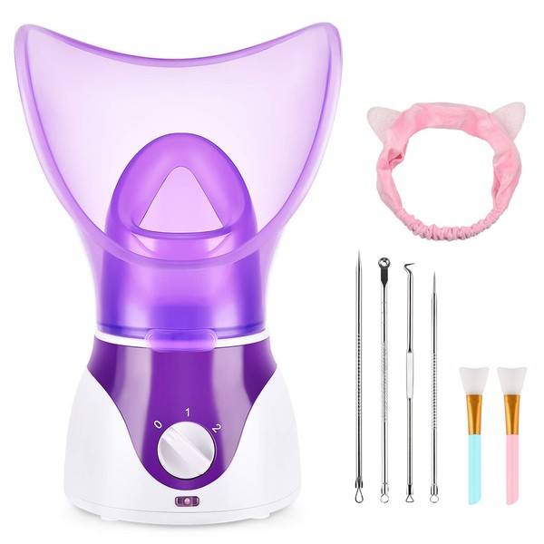 Facial Steamer for Face, Face Steamer for Facial Deep Cleaning, Nano Ionic Facial Steamer for Unclogs Pores, Hydrating (Purple, Include Blackhead Remover Kit, Brush, Headband)