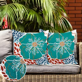 Jartinle Teal Dahlia Flower Burst Outdoor Waterproof Pillow Covers 18x18 Decorative Abstract Floral Outdoor Throw Pillows Cushion Cases for Patio Furniture, Couch, Porch Set of 2