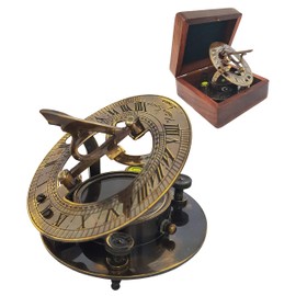 Brass Compass - Antique Brass Sundial Compass Marine Boat Gift Pocket Sun Dial in Box Nautical Marine Gift Sun Clock Pirate Ship Replica Watch