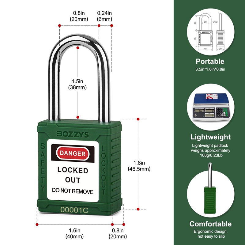 BOZZYS Lockout Tagout Locks 12-Pack｜OSHA Green Loto Locks Keyed Alike｜12