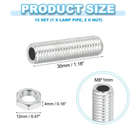 PATIKIL M8 Fine Thread Carbon Steel Lamp Pipe With Nut, 12 Set 30mm/1.18" Hollow Tube Thread Adapter Fasteners Hardware for Lamp Lights Chandelier Ceiling Light DIY, White Zinc Plating