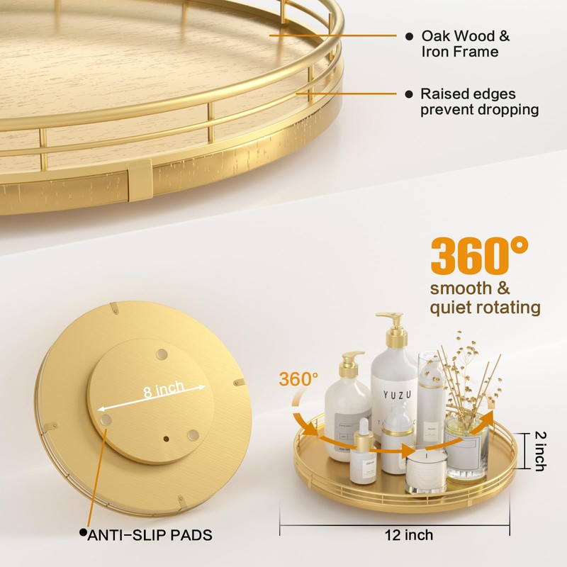 12" Gold Lazy Susan for Table Top, Oak Wood Lazy
