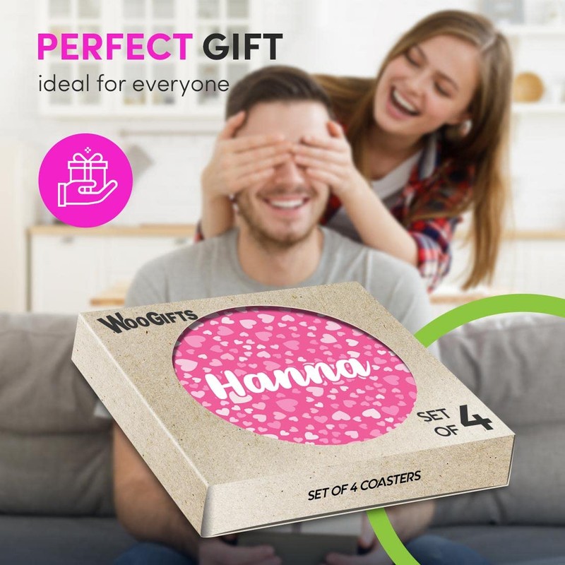 4 x Boxed Round Coasters - Name Hanna Pink Hearts