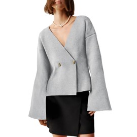 Saodimallsu Womens V Neck Cardigans Long Bell Sleeve Button Down Open Front Loose Knit Fall Sweater Blazer Gray