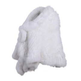 BOONJOVIA Luxury Women's Winter Real Natural Rabbit Fur Hand Knitted Cape Ruffle Design Wedding Party Shawl Lady Poncho (White)