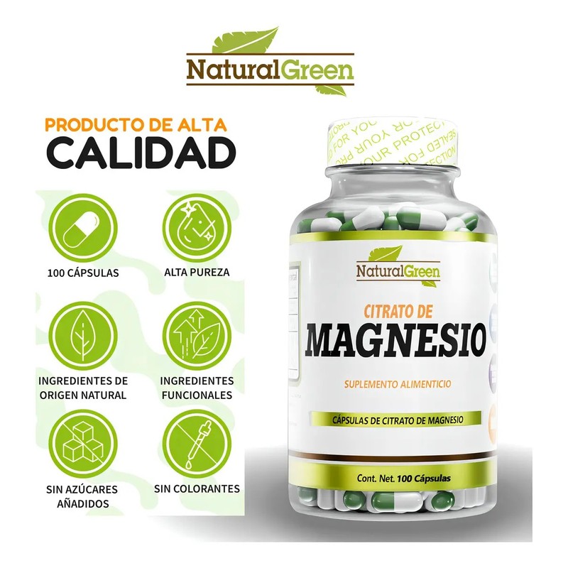 Citrato de Magnesio Natural Green 500mg - 100 Cápsulas Veganas